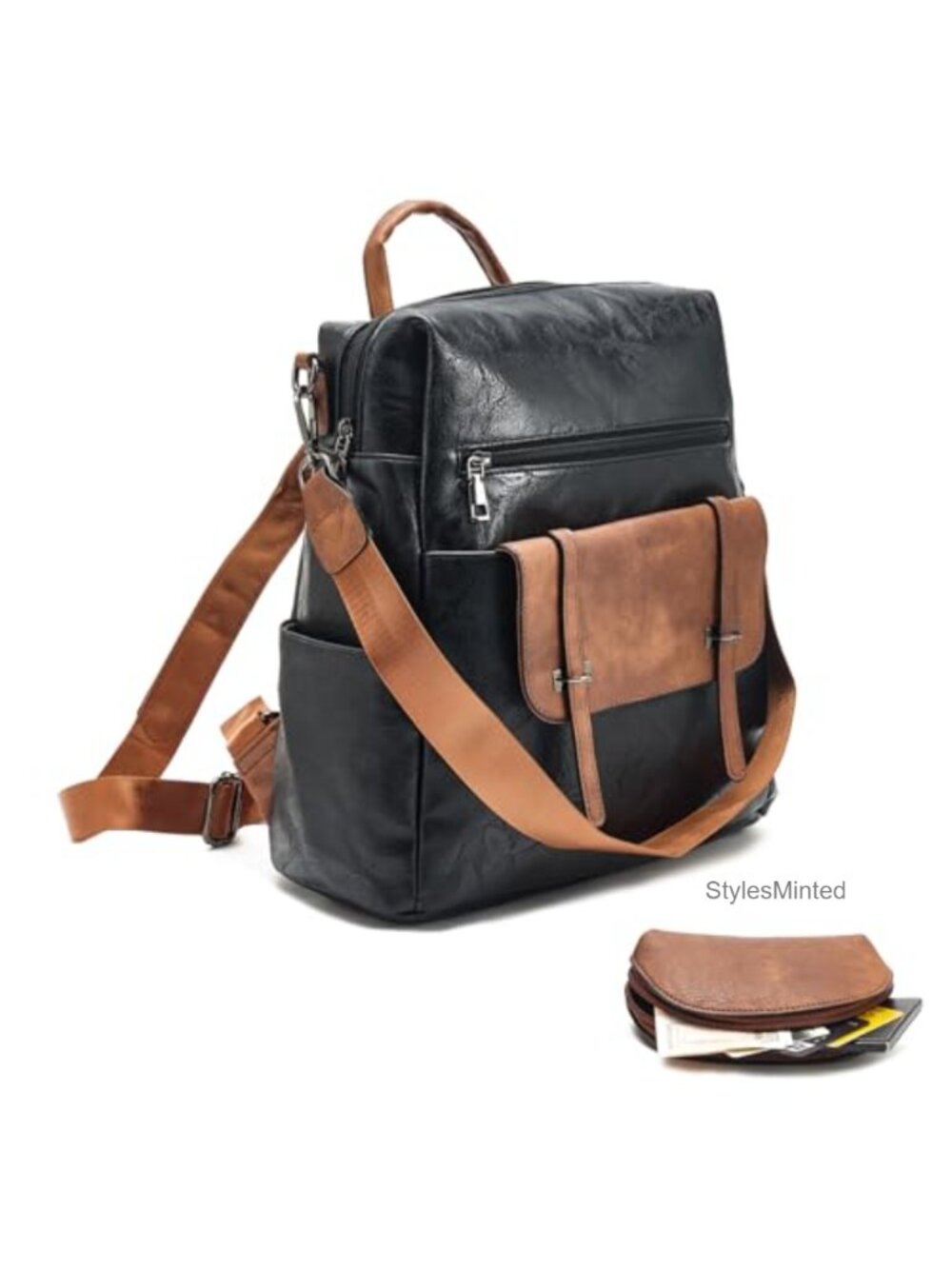 PU Leather Laptop Backpack for Women Anti-Theft Daypack with Wristlet